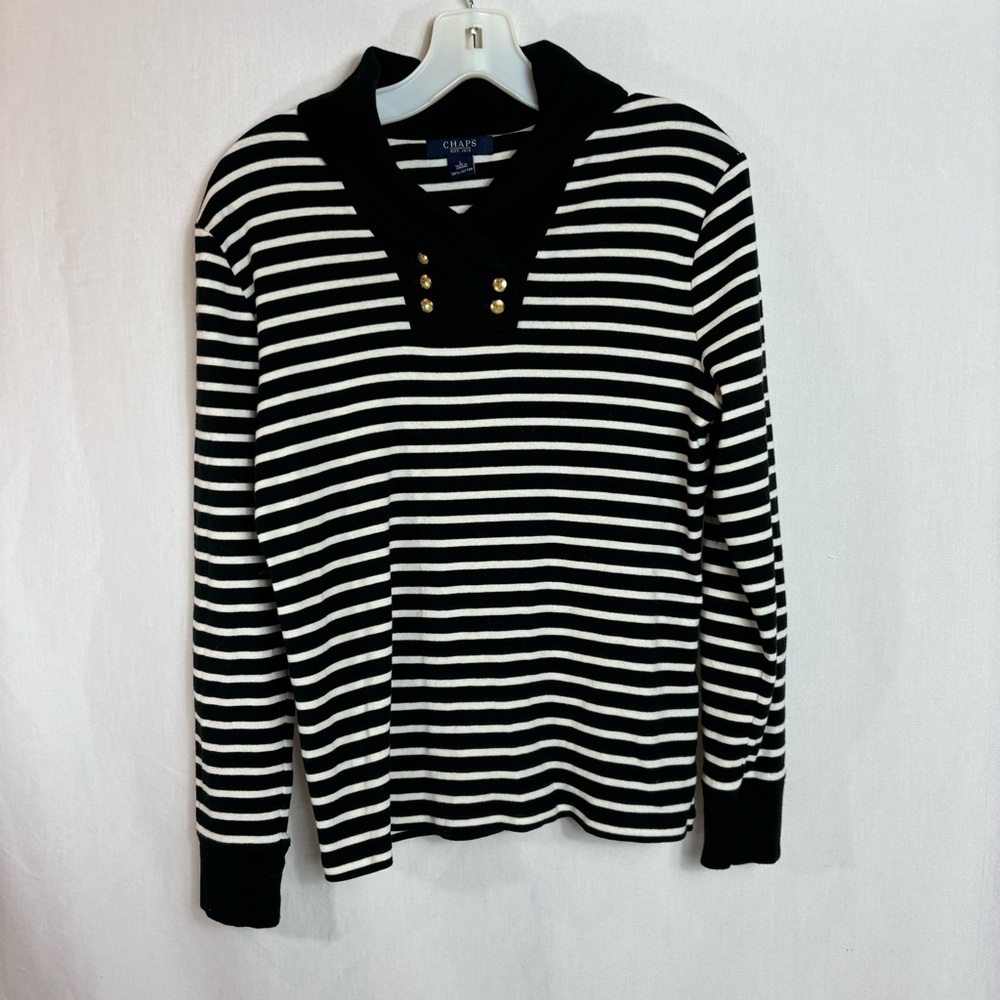 Chaps Sweater Women’s L Black & White Striped Shawl Collar Preppy Chic Timeless